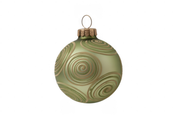 Frosted green glass Christmas ornament with gold spiral pattern isolated on a transparent background