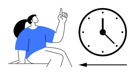 Time concept. A minimal design showing a person pointing to time awareness alongside a clock. Time management, scheduling, and time-sensitive tasks. For productivity, deadlines, planning, scheduling