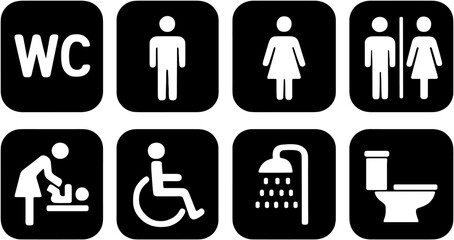 Bathroom signage with male, female, wheelchair accessible, and baby changing symbols in a public space