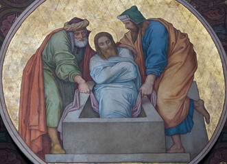 BAD REICHENHALL, GERMANY - SEPTEMBER 8, 2025: The fresco of Burial of Jesus (cross way station) in the church St. Nikolaus kirche by Moritz von Schwind (1862). 