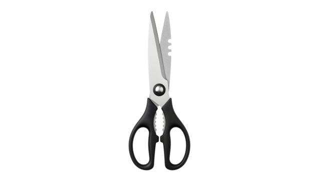 Sharp kitchen shears with black handles isolated on White background