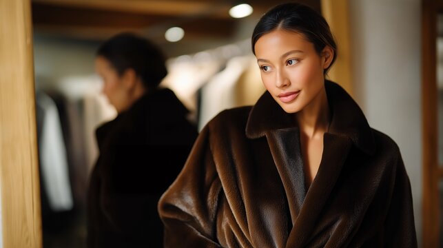 A conscious consumer trying on pre-loved designer coats in a vintage shop mirror, capturing the timeless charm of fashion with extended life cycles — upscale thrifting, sustainable luxury, and