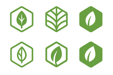 Eco Vibes Logos. Green label design with eco vibes trend. Icon set. Set Logo of green label design with eco vibes trend: hexagonal eco badge with leaf center.