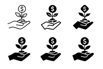 Entrepreneurial Icon Set. Entrepreneurial spirit. Icon set. Set Logo of entrepreneurial spirit: hand nurturing seedling with coins. harmonious logo variations