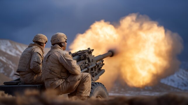A battlefield artillery crew loading and firing a howitzer under heavy clouds, smoke and flame erupting from the barrel &mdash; large-scale warfare, coordinated fire missions, and explosive military