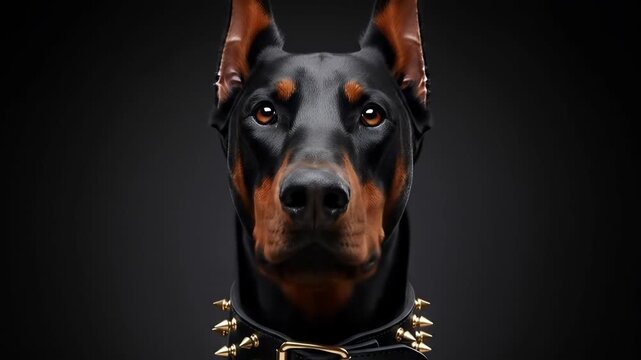 Close-up Portrait of a Majestic Doberman Pinscher with Cropped Ears and Spiked Collar.