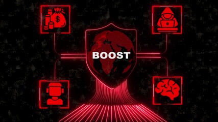 Neon Cloud technology boost concept with handshake graph phone gears and people icons connected to central cloud network digital transformation business growth strategy, 4k render video.. 