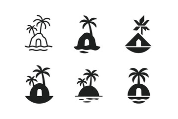 Obraz premium Hidden Travel Icons. Hidden travel gems. Icon set. Set Logo of hidden travel gems: secret island with palm trees. harmonious logo variations of the same