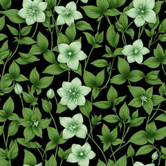 Fototapeta premium Seamless dogwood flowers floral seamless pattern with pale green blossoms and lush leaves on black background for wallpaper and textile - AI generated