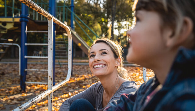 Loving mother and son enjoy a heartwarming moment on the playground. Joyful, sunlit scene showcasing family connection, childhood, and outdoor fun. Perfect for lifestyle content.