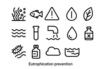 Eutrophication Prevention Icons. Eutrophication prevention. Line icon set of eutrophication prevention: algae bloom, fish, warning sign, leaf, water wave, test