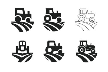 Obraz premium Tractor Logo Variations. Tractor. Icon set. Set Logo of Tractor: Tractor Plowing Field. harmonious logo variations of the same emblematic concept, each with