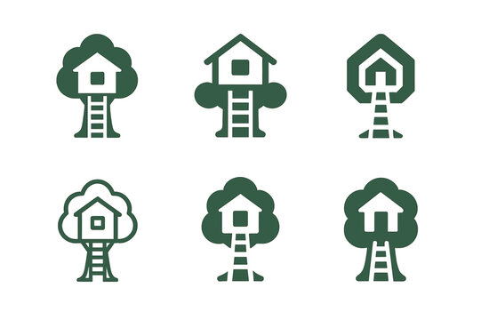 Playhouse Logo Variations. Outdoor playhouse. Icon set. Set Logo of outdoor playhouse: treehouse with ladder. harmonious logo variations of the same emblematic