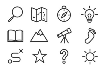 Discovery Icon Set. Discovery. Line icon set of discovery: magnifying glass, map, compass, light bulb, book, mountain, telescope, footprint, path, star,