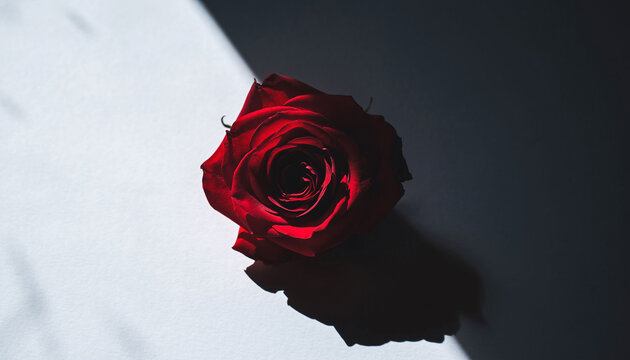 Dramatic closeup of a vibrant red rose set against contrasting light and shadows. Symbolizes passion, beauty, or love with a touch of mystery. Ideal for romantic themes or editorial use.