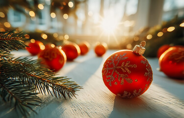 Christmas decorations with red ornaments and pine branches glowing in sunlight