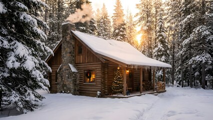 Snow-covered cabin in forest, golden sunrise, peaceful holiday mood