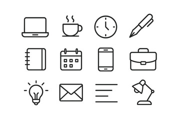 Freelance Writing Icons. Freelance writing. Line icon set of freelance writing: laptop, coffee cup, clock, pen, notebook, calendar, smartphone, briefcase, idea