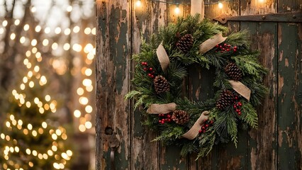 Christmas wreath on rustic wooden door, soft bokeh lights