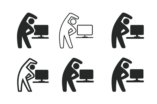 Stretching Logo Set. Taking a break from work to stretch. Icon set. Set Logo of Taking a break from work to stretch: person standing and stretching near