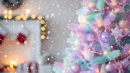 Pastel christmas tree with soft snowflakes, realistic, highly detailed photography