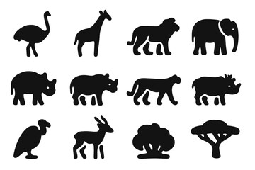 Obraz premium African Wildlife Icons. African wildlife. Solid icon set of African wildlife: ostrich, giraffe, zebra, lion, elephant, rhinoceros, cheetah, warthog, vulture,