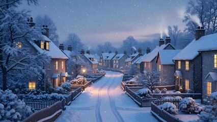 Gentle snowfall over a quiet winter town