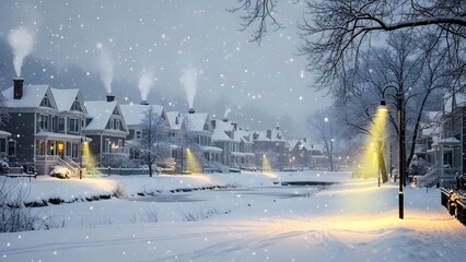 Gentle snowfall over a quiet winter town