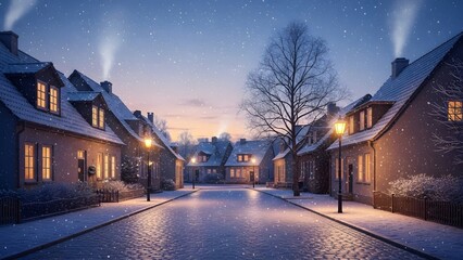 Gentle snowfall over a quiet winter town