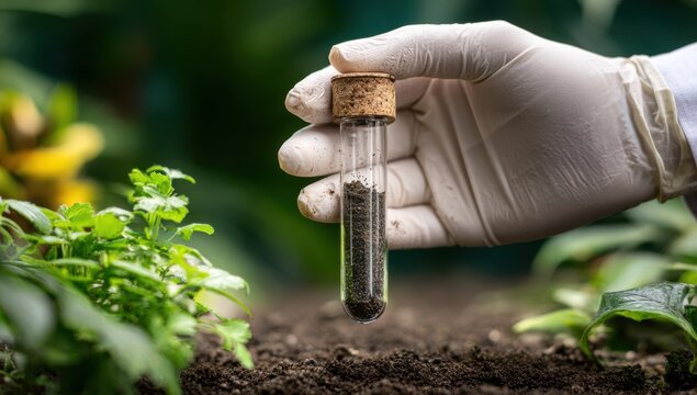 Soil Sample Analysis: An expert hand, adorned in a pristine glove, meticulously examines a soil sample within a transparent vial, showcasing the intersection of science and nature's intricacies.