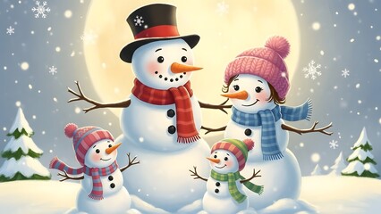 Cute illustrated snowman family