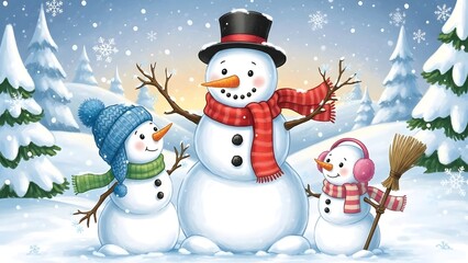 Cute illustrated snowman family