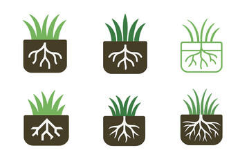 Fototapeta premium Grassland Logo Variations. Grassland rehabilitation. Icon set. Set Logo of grassland rehabilitation: Soil layers with roots. harmonious logo variations of the