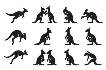 Fototapeta premium Kangaroo Icons Set. Kangaroo activity. Solid icon set of Kangaroo activity: hopping, boxing, grooming, feeding, drinking, resting, watching, carrying joey,