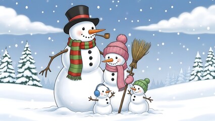 Cute illustrated snowman family