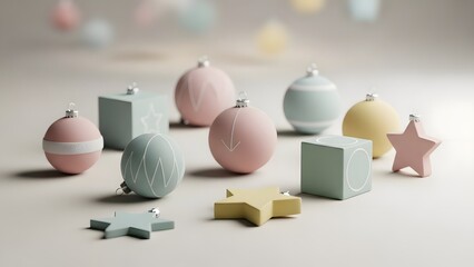 Minimal pastel christmas ornaments on a soft background