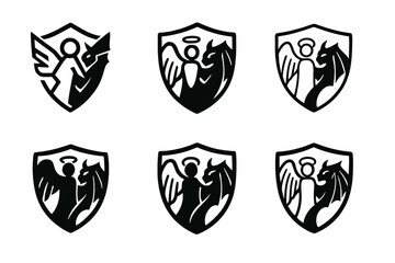 Angelic Emblem Variations. Christian beliefs about angels and demons. Icon set. Set Logo of Christian beliefs about angels and demons: protective angelic