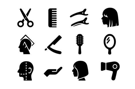 Haircutting Tools Icons. Haircutting diagram. Solid icon set of Haircutting diagram: hair scissors, comb, sectioning clips, hair layers, haircut angles, razor,