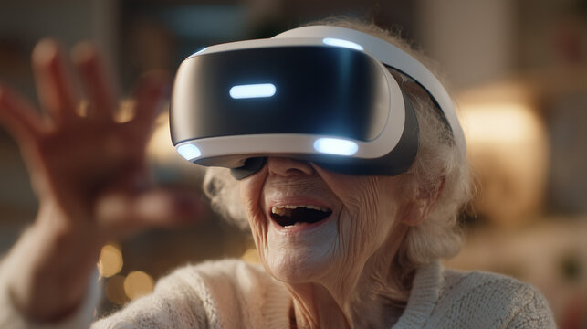 Happy Senior Woman Experiencing Virtual Reality VR Headset Technology at Home - Powered by Adobe