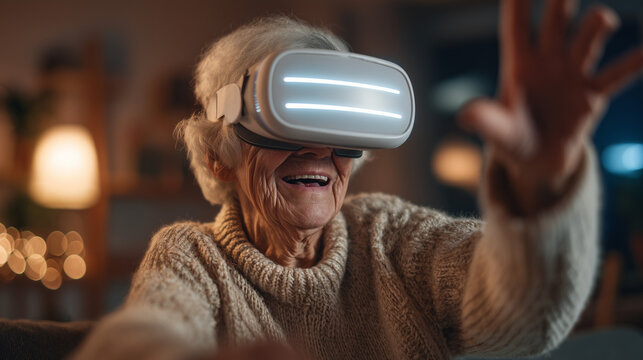 Happy Senior Woman Experiencing Virtual Reality VR Headset Technology at Home