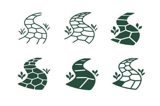 Stone Walkway Logos. Building a front walkway with stone. Icon set. Set Logo of building a front walkway with stone: curved stone path with garden edge.