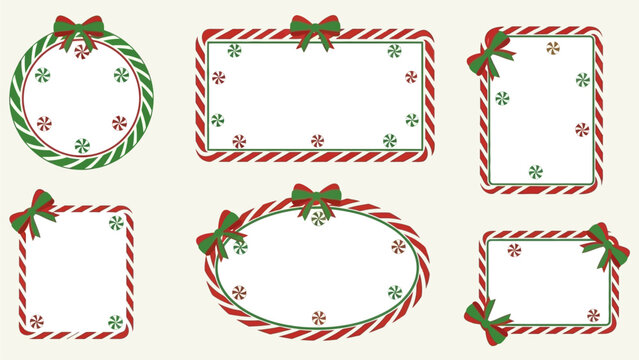 Collection of six festive Christmas-themed decorative frames and borders with candy cane designs and bows