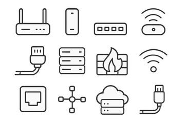 Networking Devices Icons. Networking Devices. Line icon set of Networking Devices: router, modem, switch, access point, network cable, server, firewall, Wi-Fi