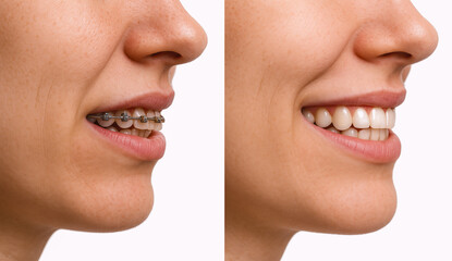 Obraz premium Woman side profile showing before after orthodontic braces removal with joyful emotion. Concept of orthodontic treatment visuals, clinic promotion, and dental alignment education.