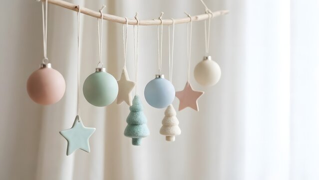 Minimal pastel christmas ornaments on a soft background