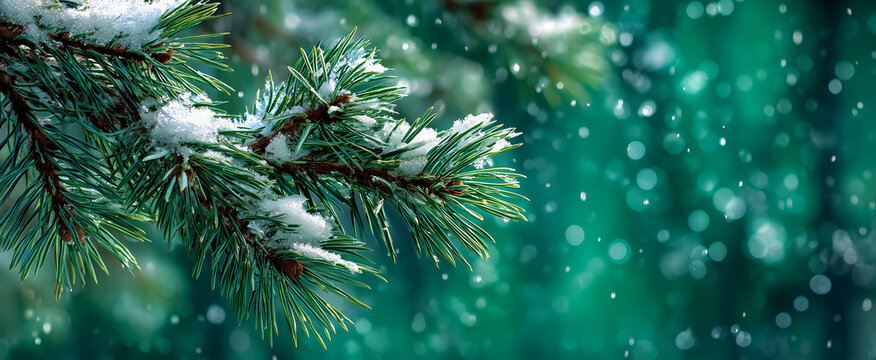 Snow-covered pine branch with sparkling winter background scenery