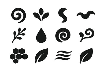 Fototapeta premium Organic Motifs Icons. Organic Design Motifs. Solid icon set of Organic Design Motifs: swirl, petal, curve, wave, branch, droplet, spiral, shell, vine, cell,