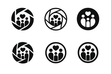 Family Logo Icons. Building family memories. Icon set. Set Logo of Building family memories: camera lens with heart and family figures inside. harmonious logo