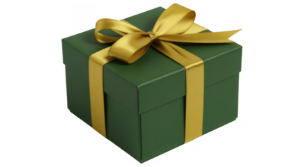 Green gift box with gold ribbon tied in a bow isolated on a transparent background