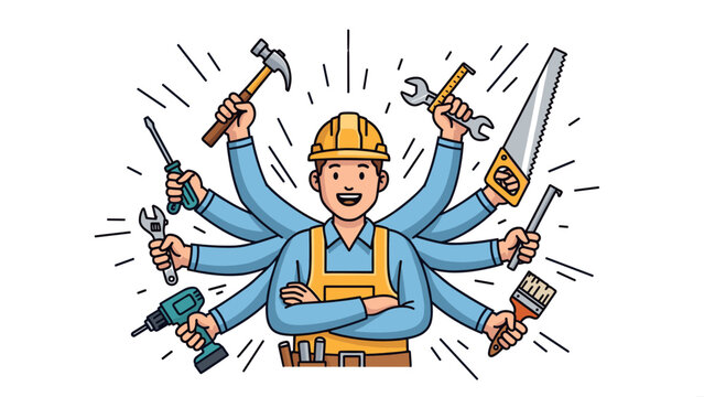 Cartoon handyman with multiple arms holding various tools.